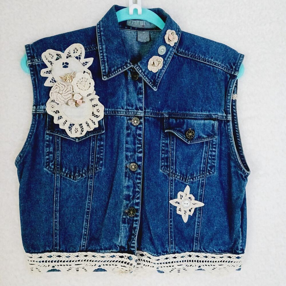 Vest Button-Up Lace Applique Ribbon Denim Women Upper West Side Pocket Size M